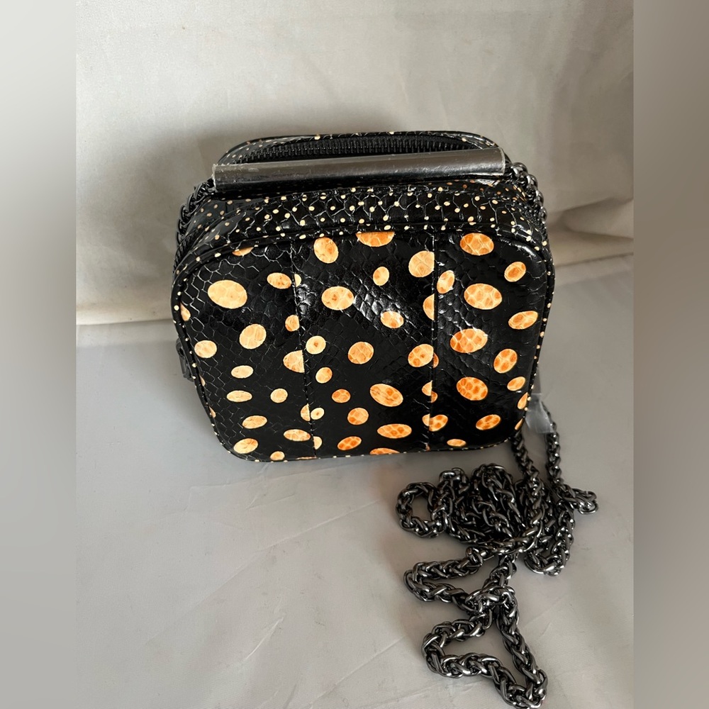 Rafe New York Animal Print Mixed Texture Crossbody Bag Black Tan Gunmetal Chain